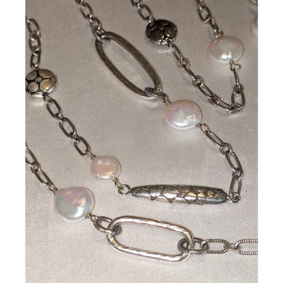 Brighton PEBBLE PEARL Long Chain Necklace Silver Oval Links White Pearls - Picture 2 of 7